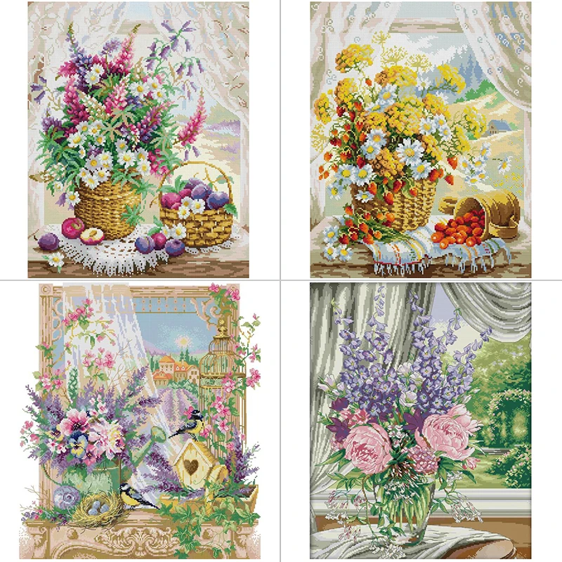 Embroidery X Pattern - Цветочная корзина на подоконнике с цветочным