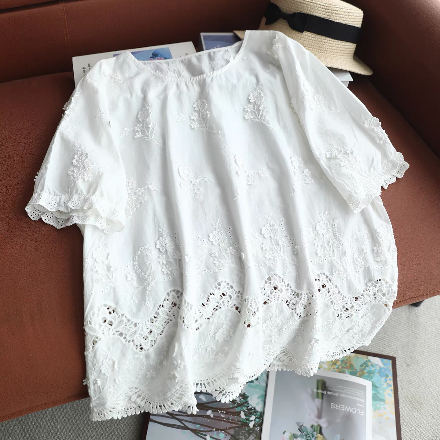 Embroidery Eyelet - Женская винтажная белая хлопковая блузка с