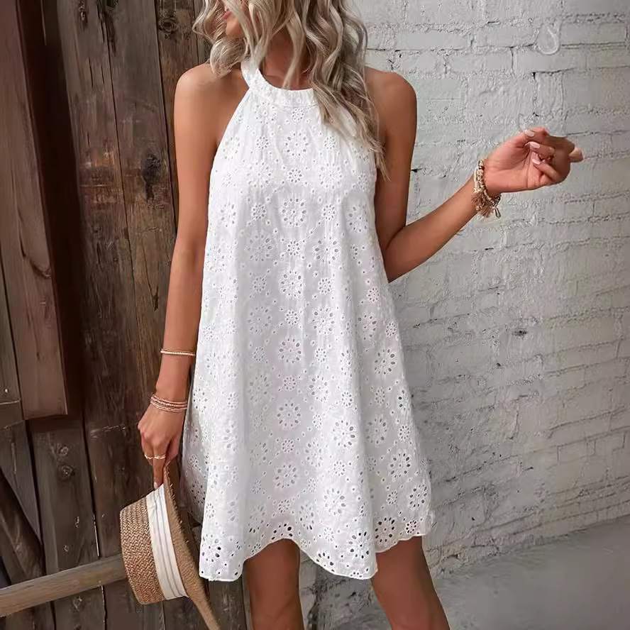 Embroidery Eyelet - Летнее хлопковое платье-халтер с вышивкой, свободное