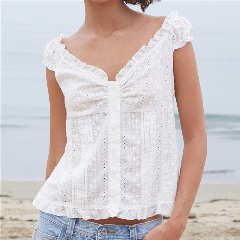 Embroidery Eyelet - Женская блузка с открытыми плечами, рюшами,