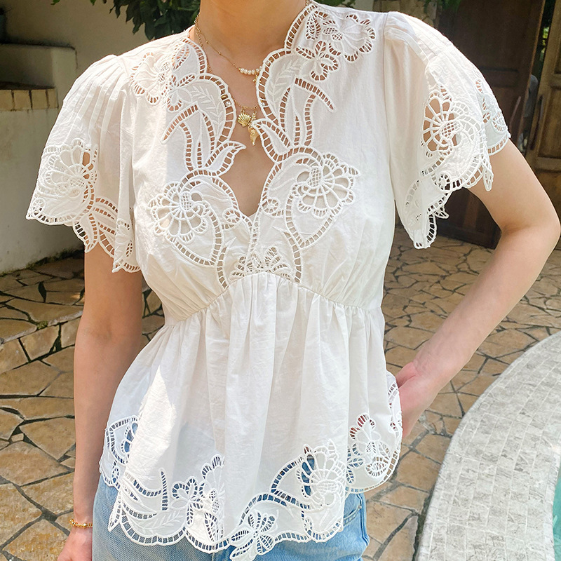 Embroidery Eyelet - Женская летняя блузка во французском стиле