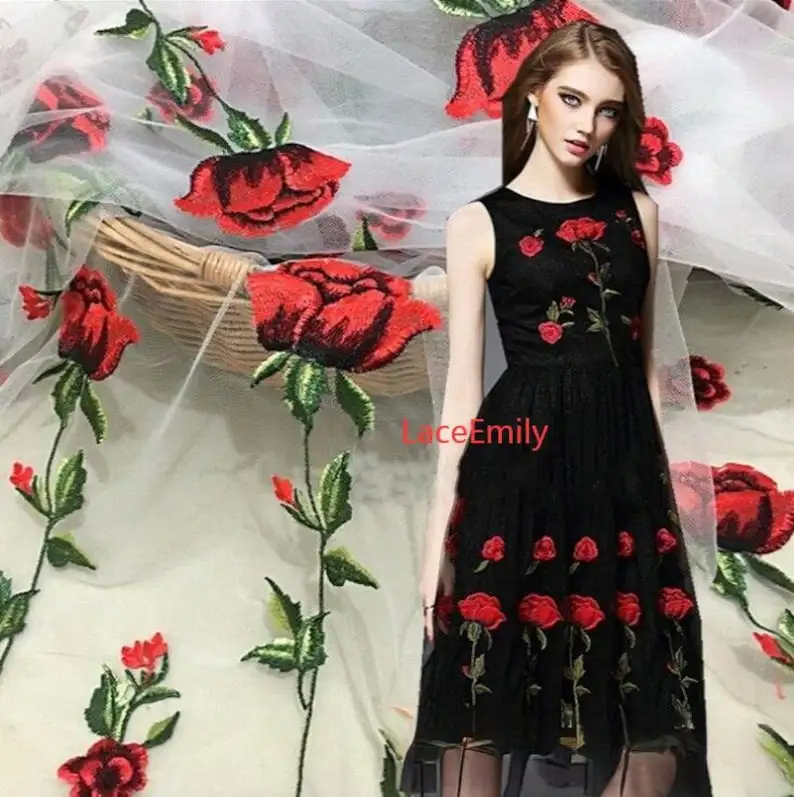 Embroidery Rose - Красная роза Кружевная ткань с цветочной