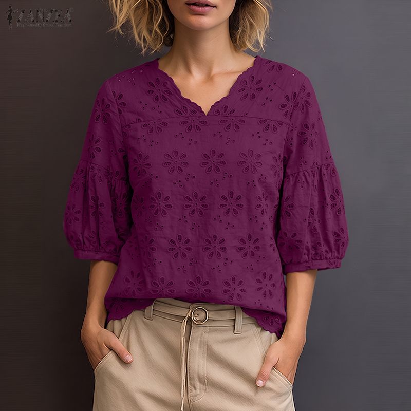ZANZEA 2026 Женские блузки с в – обзор и цена Embroidery Eyelet