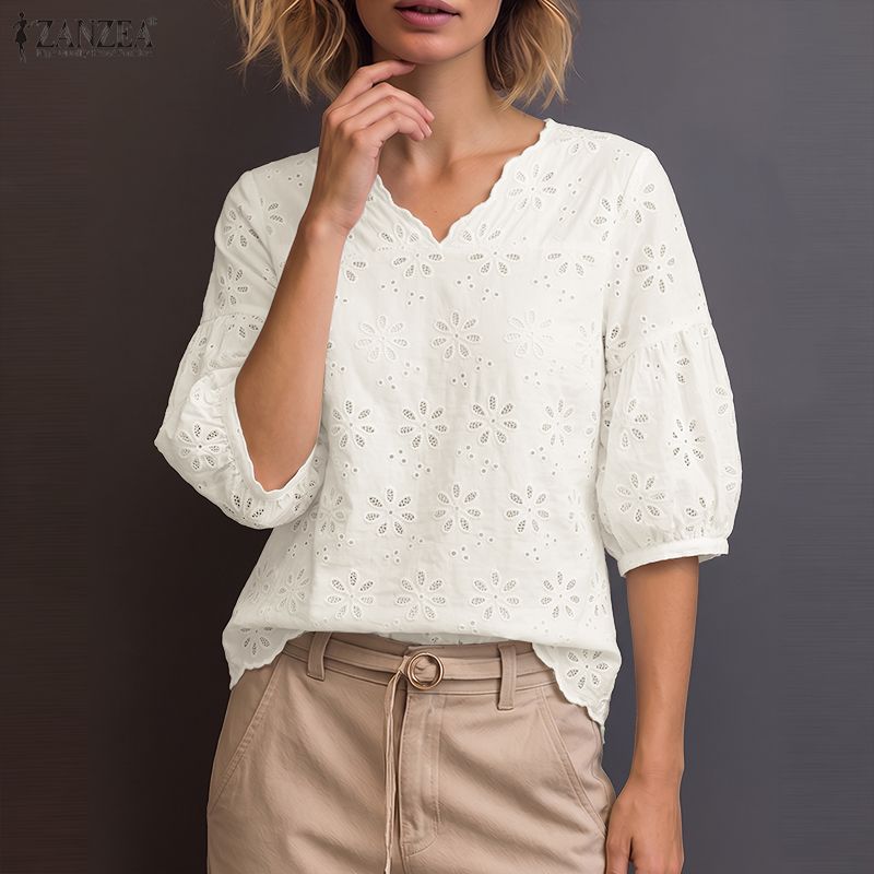 ZANZEA 2026 Женские блузки с в – обзор и цена Embroidery Eyelet